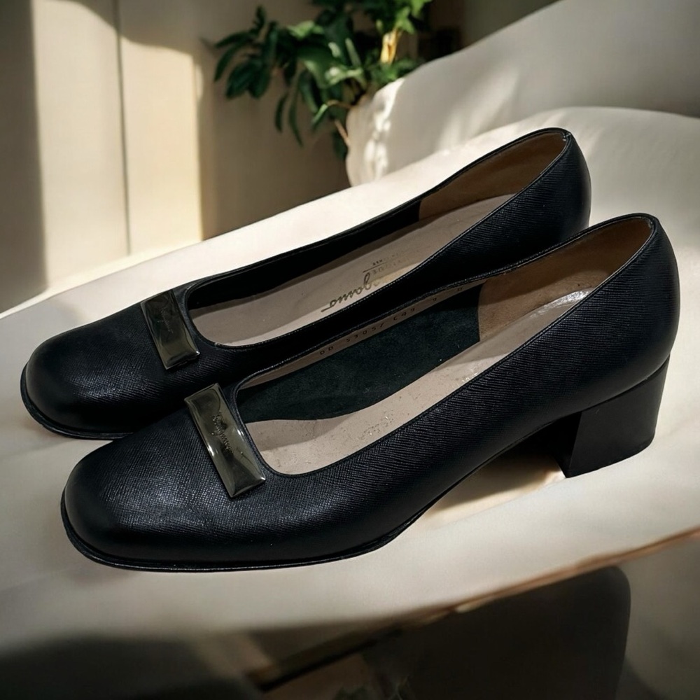 Salvatore Ferragamo Black Leather Block Heel Pumps